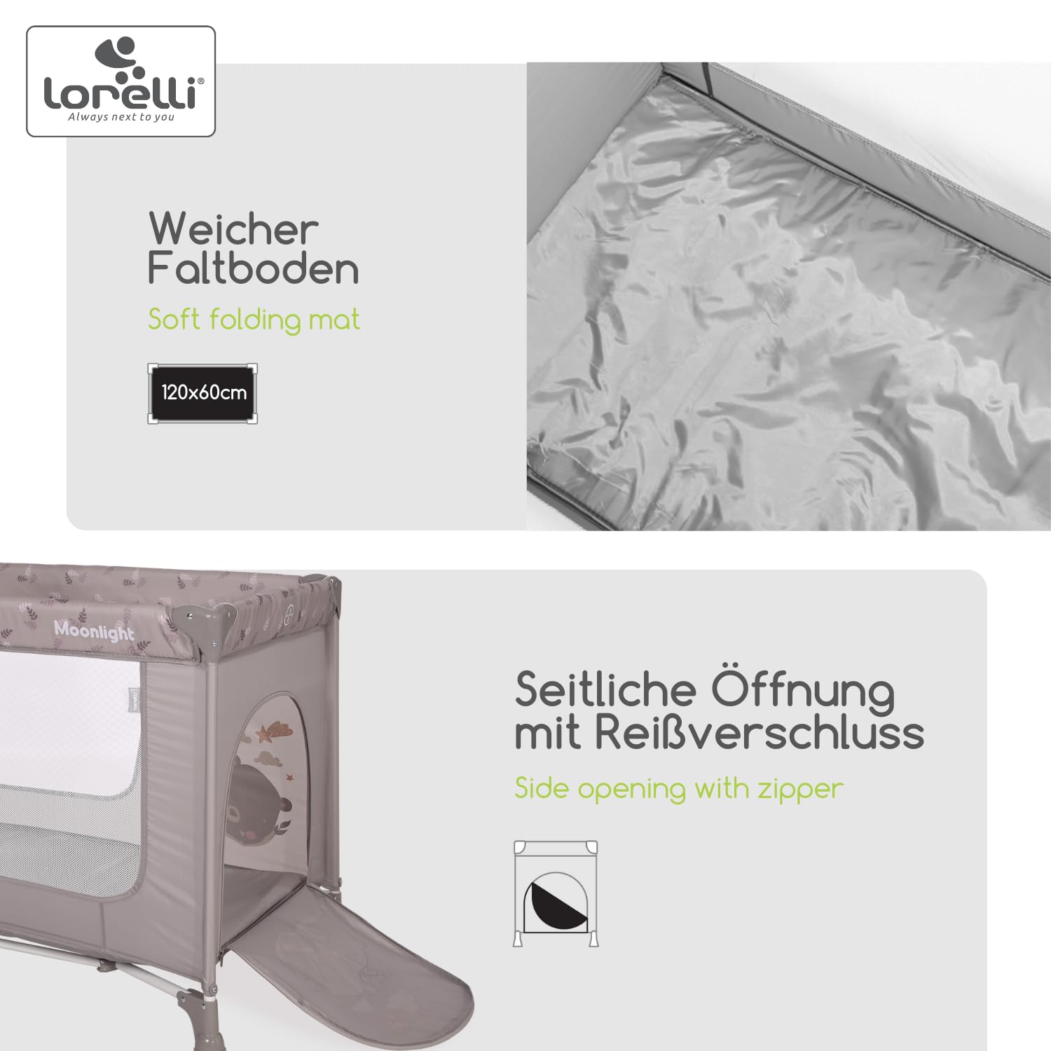 Lorelli Babybett und Laufstall Moonlight 2 in 1 mit Seiteneingang, Kinderbett ab Geburt bis 15 kg, Baby Reisebett, faltbar inkl. Transporttasche, braun