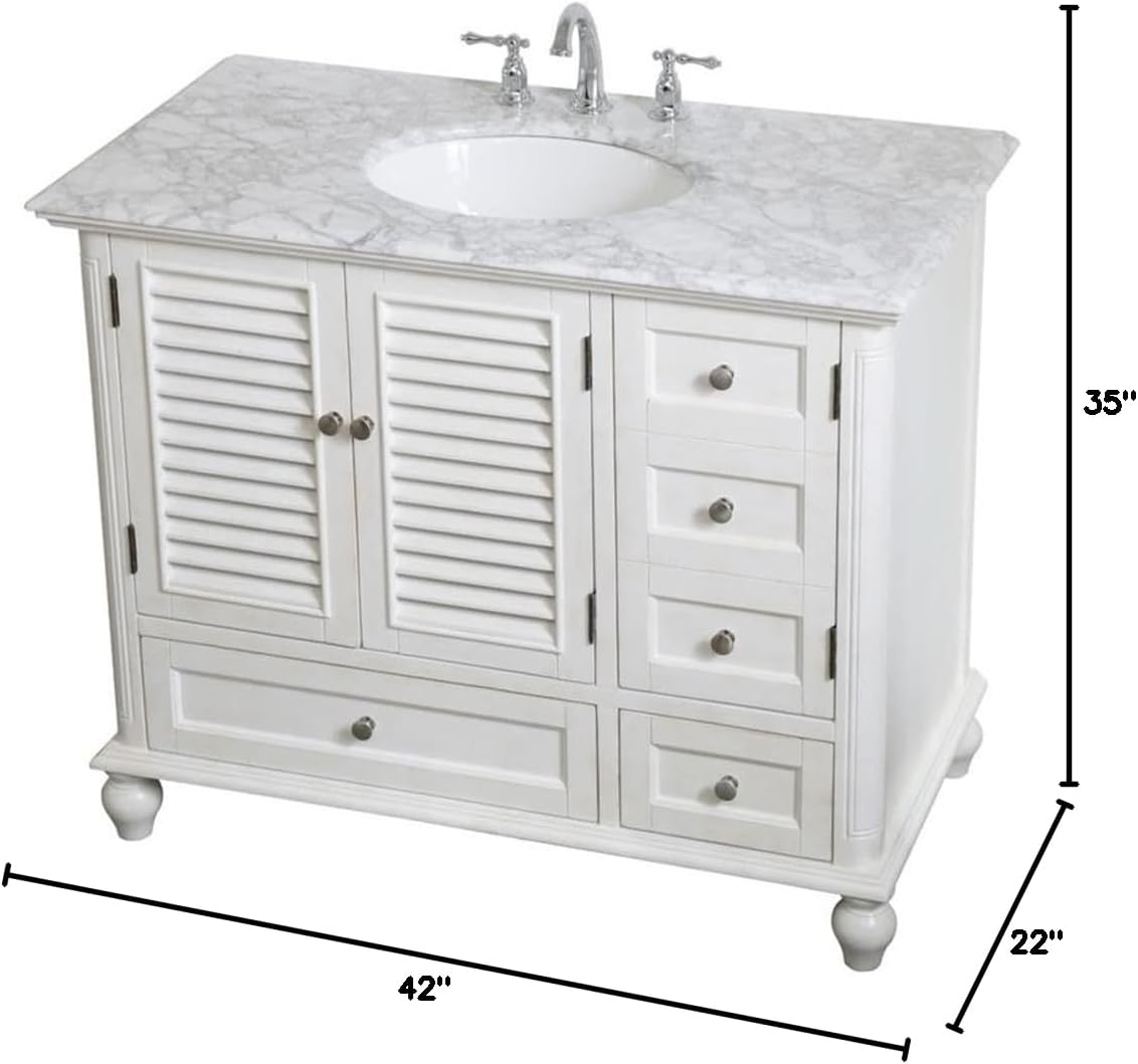 Pemberly Row 42" Single Bathroom Vanity, Antique White Finish, Solid Wood and MDF Base, Carrara White Marble Top, Porcelain Undermount Sink, 2 Drawers and 3 Doors, Freestanding for Bathroom Use
