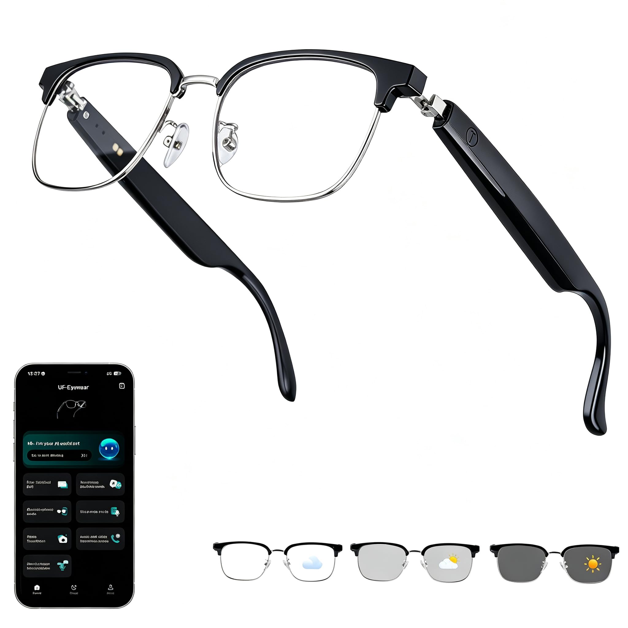 AI Smart Glasses, occhiali da traduzione con traduttore in tempo reale per 164 lingue, senza abbonamento per app, lenti fotocromatiche, cerniere a molla, occhiali Bluetooth per viaggio/lavoro