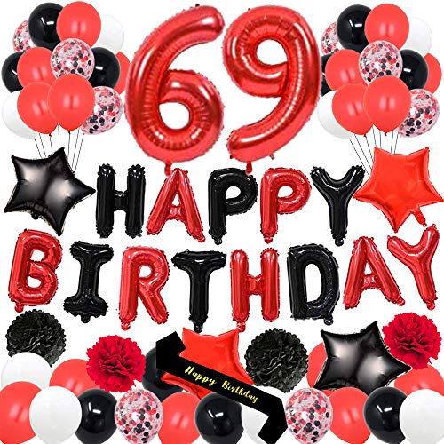 yujiaonly 69th Birthday Party Decorations-Happy Birthday Foil Ballons Banner Red Number 69 Happy birthday Sash Latex Balloons Perfect for 69 Years Old Party Supplies Balloons Number 69 Red