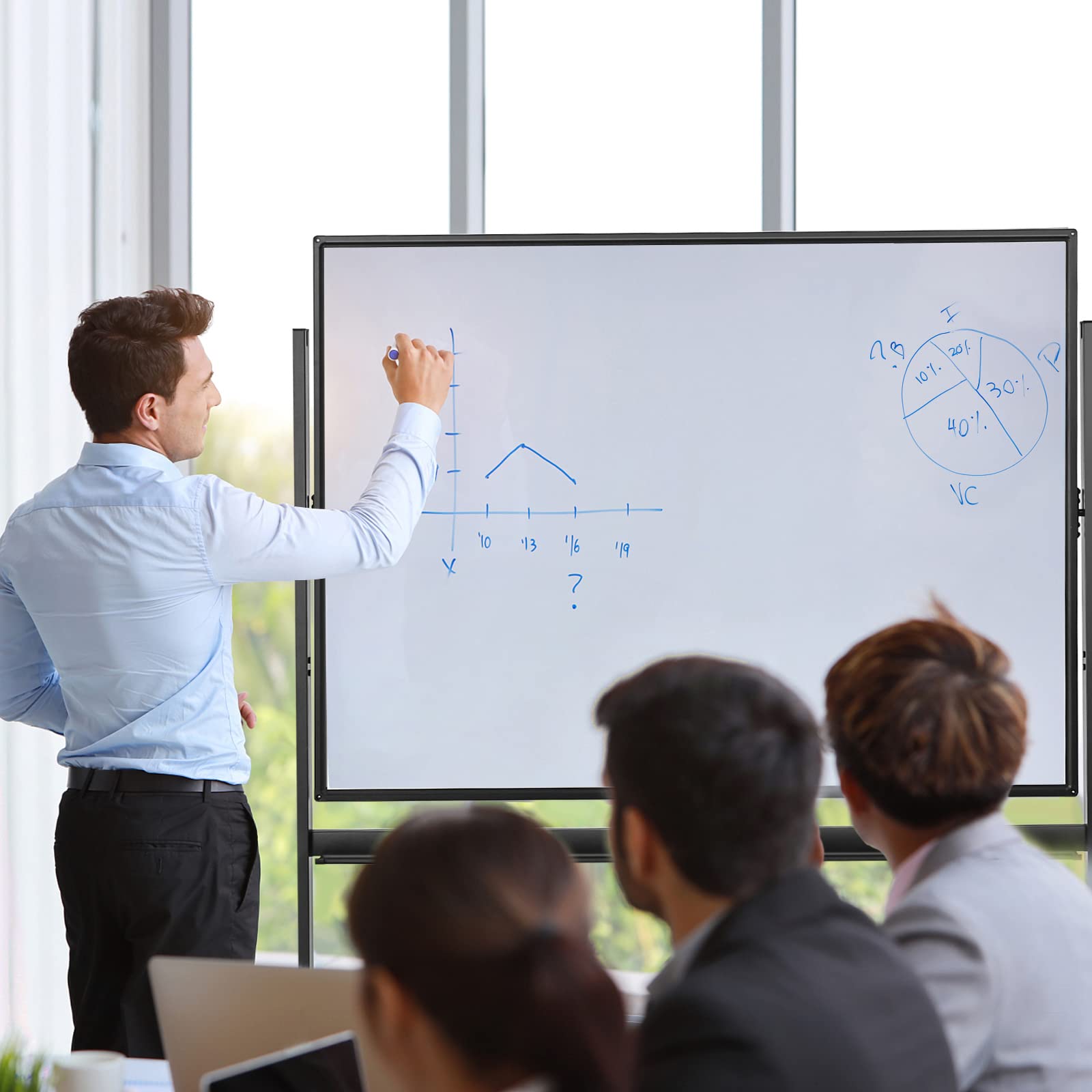 LIFEZEAL Mobiles Whiteboard, Doppelseitige Magnettafel mit Ständer, Magnetische Tafel höhenverstellbar & 360° drehbar, Magnetwand mit Stiftablage, magnetische Weißtafel (Schwarz, 120×90×161-181 cm)