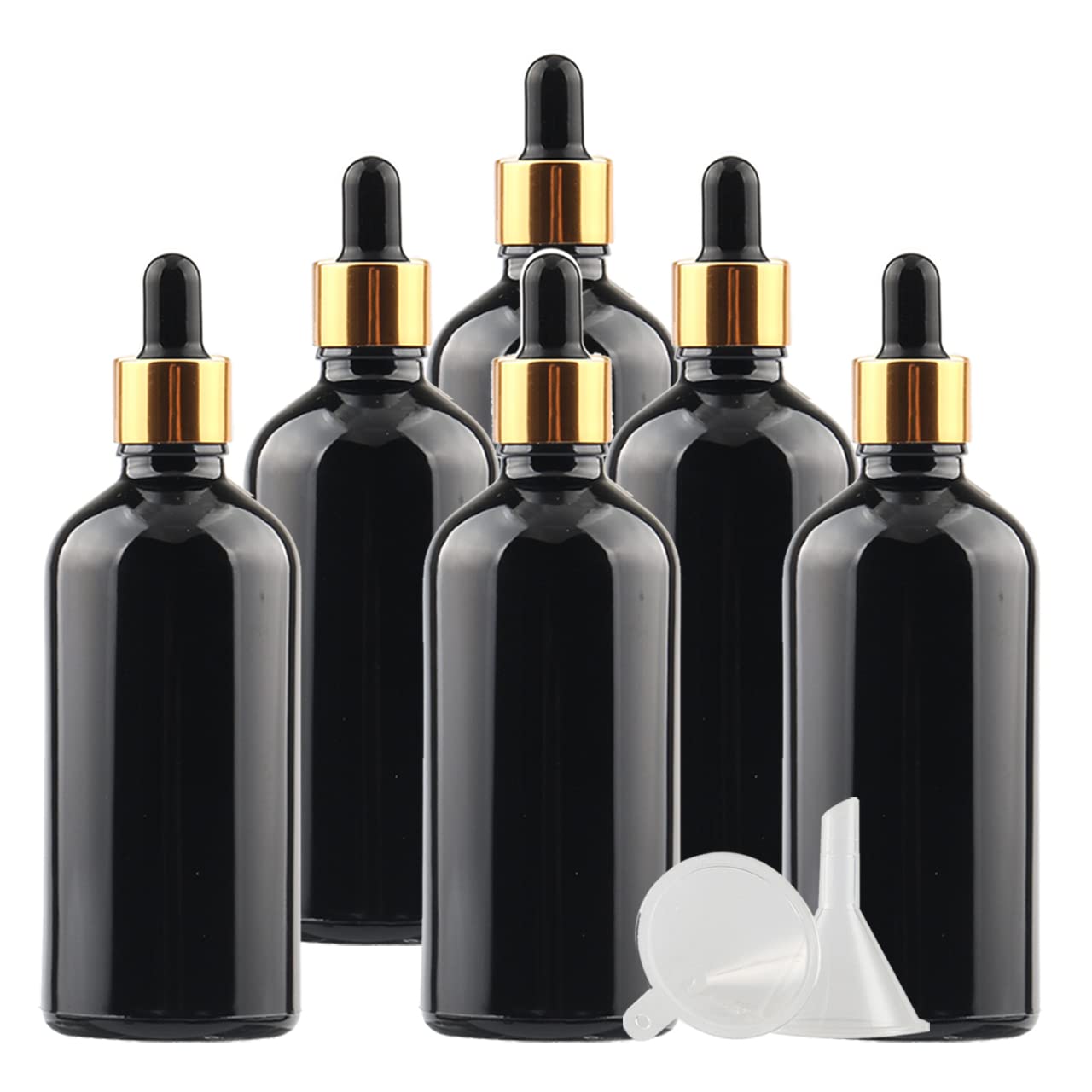 12 Pieza, 100ml Negro Frasco Cuentagotas Cristal con Tapón de Rosca Oro, Botellas de Cristal con Pipeta, para Cosmético Aromaterapia Aceites Esenciales
