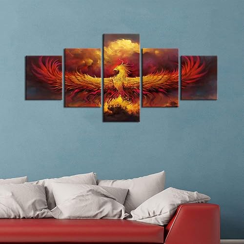 Miniatura 5 de 5 piezas de pintura sobre lienzo ardiente de fénix dibujado en estilo heráldico fuego fénix arte de pared vintage impresiones obras de arte arte