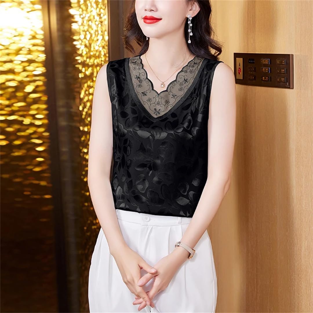 Satin Jacquard Tank Top Spring Summer Women's Lace Camisole V-Neck Vest Shirt