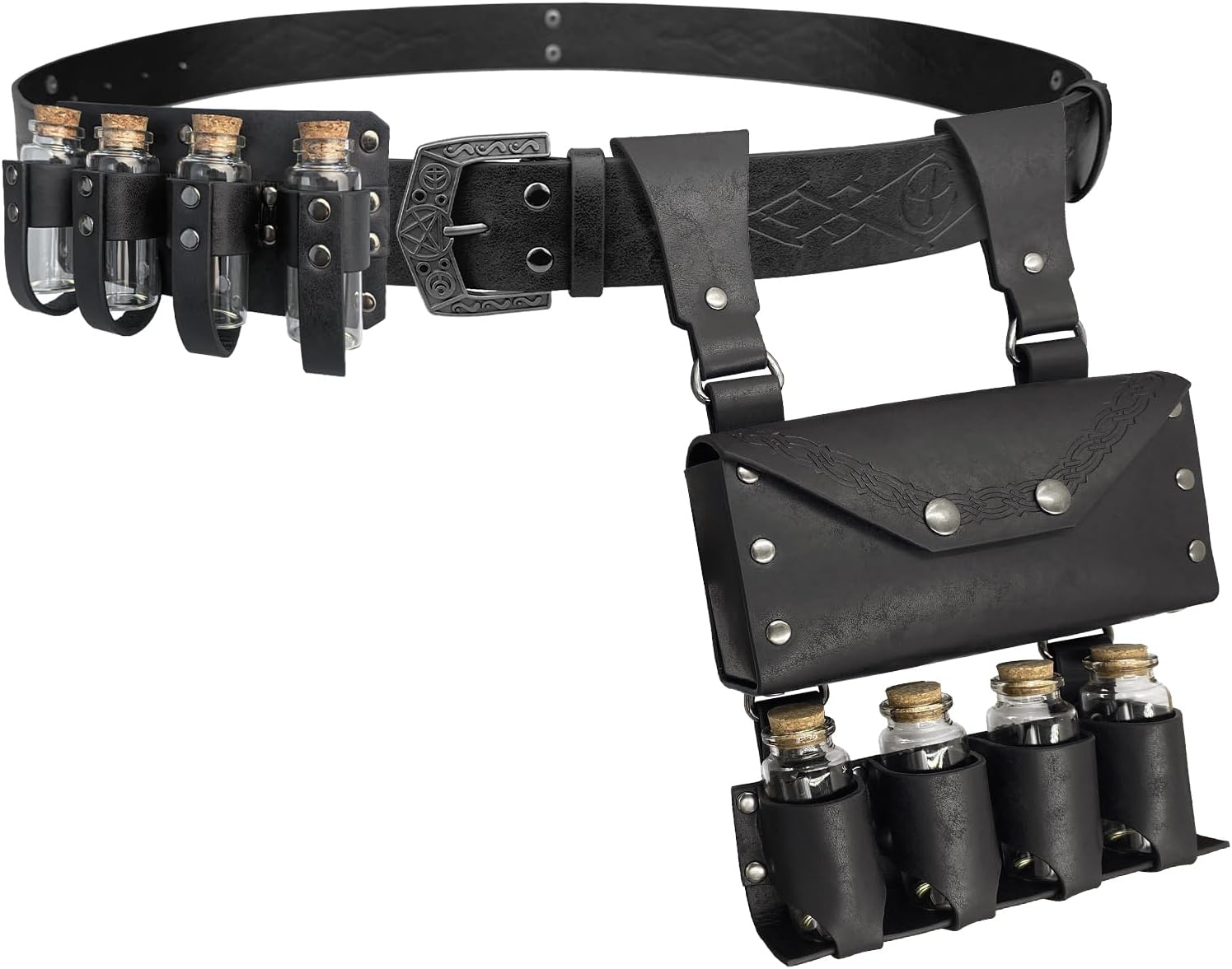 Medieval Alchemy Belt Waist Pack Combo with Multiple Potion Bottles, Viking Rivet Belt Side Pouch for Cosplay
