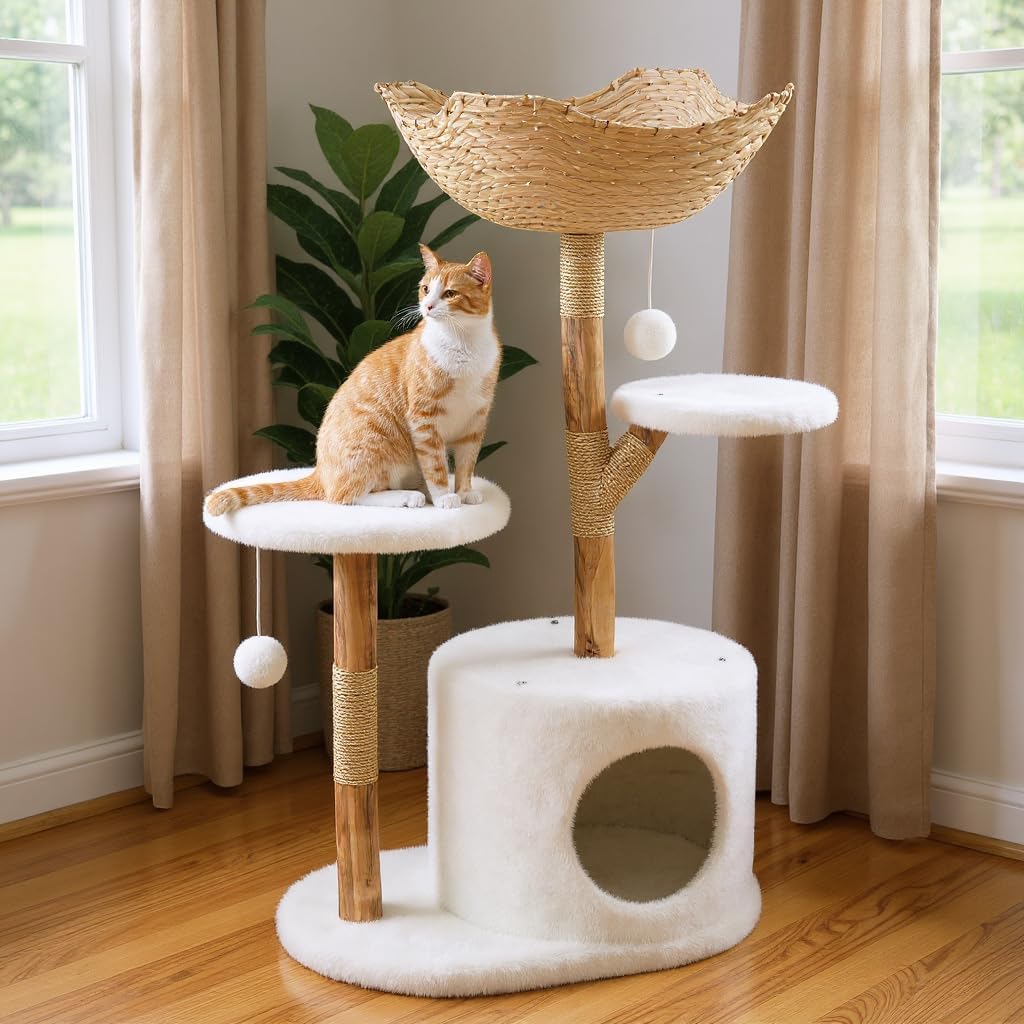 Real Wood Modern Cat Tree Tower, Cat Scratching Post with Bed for Indoor Cats with Natural Wicker Condo, Aesthetic Tree Stand, Boho Luxury Pet Furniture one Platform