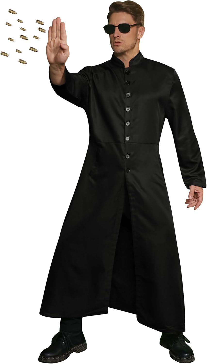 Mainfini Men 2 Pcs Black Coat Cyber Style Costume Adult Halloween Outfit With Sunglasses (S-3XL)