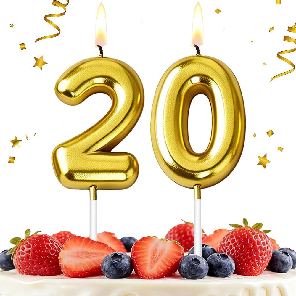 Hlwgfjdy Gold 20Th Birthday Candles Number 20 Cake Topper Happy Birthday Cake Decorations For 20Th Birthday Party, Candles For Birthday Anniversary Celebration Party Supplies