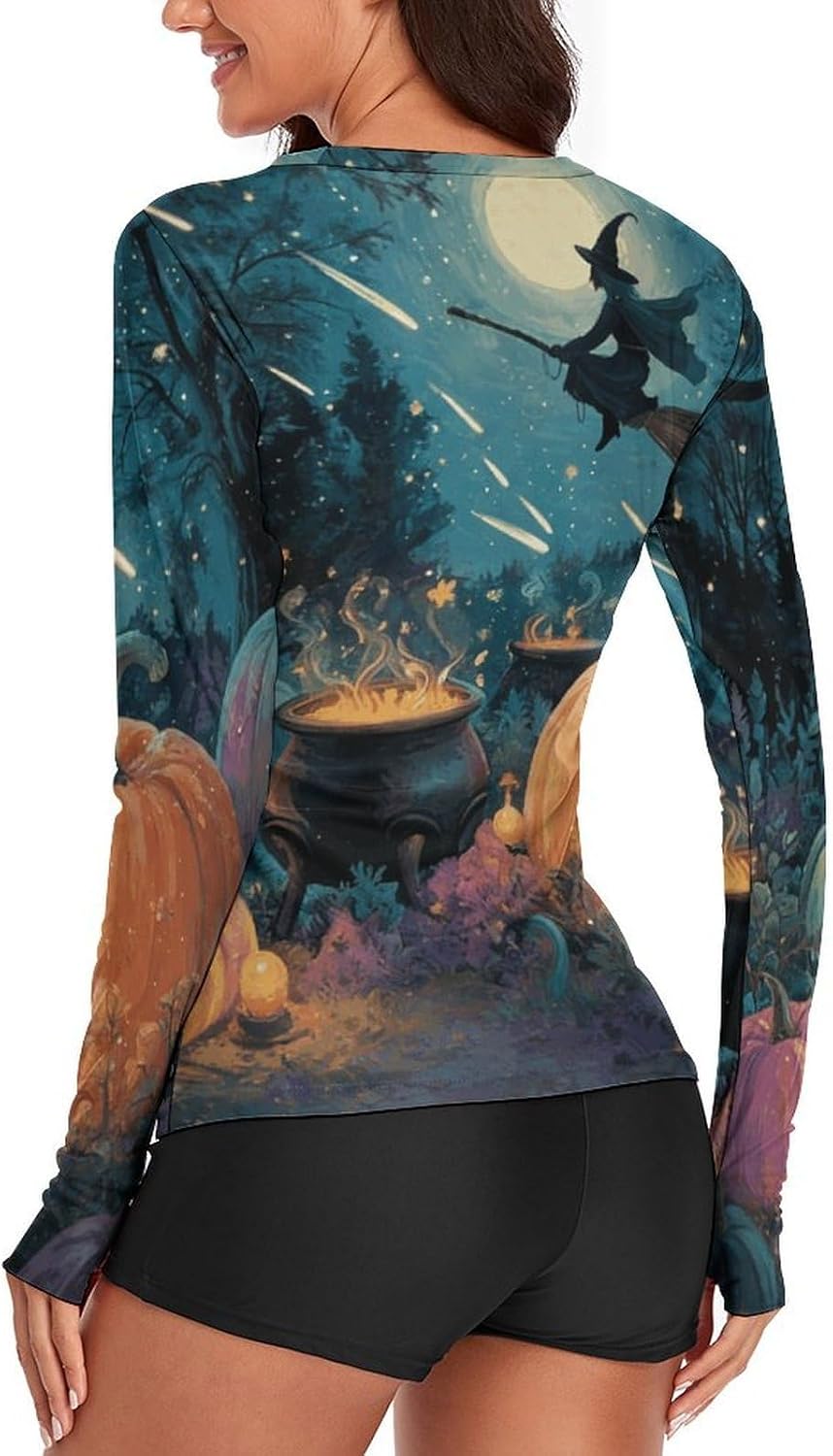 Halloween Broomstick Rash Guard for Women UPF 50+ UV Sun Protection | Long Sleeve Workout Top Quick Dry Athletic Hiking Shirt Moisture Wicking Swim Shirt for Running, Cycling, Swimming