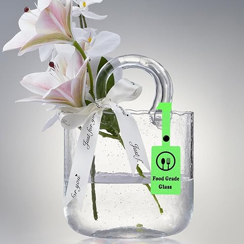 Lei-JG Thickened Glass Purse Vase for Flowers Gift Set-(Handmade 5mm Crystal-Unique Cute Clear Bag Vase with Reinforced Gift Box, Premium Table Centerpiece for Wedding/Mothers Day (Transparent