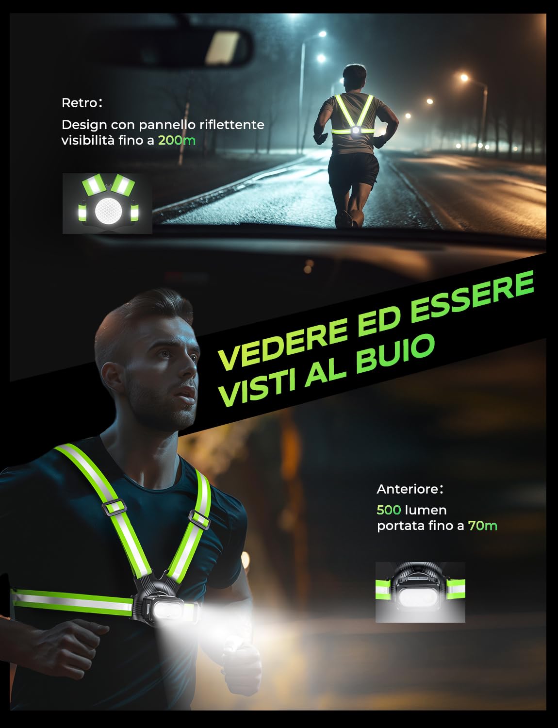 Rolgno Luce Running con 360° Strisce Riflettenti 500 Lumen, 7 Modalità Running Pettorale 45° Regolabile, IPX4 Impermeabile, Autonomia 3.5-20H Luce per Corsa Notturna per Corsa/Jogging/Campeggio