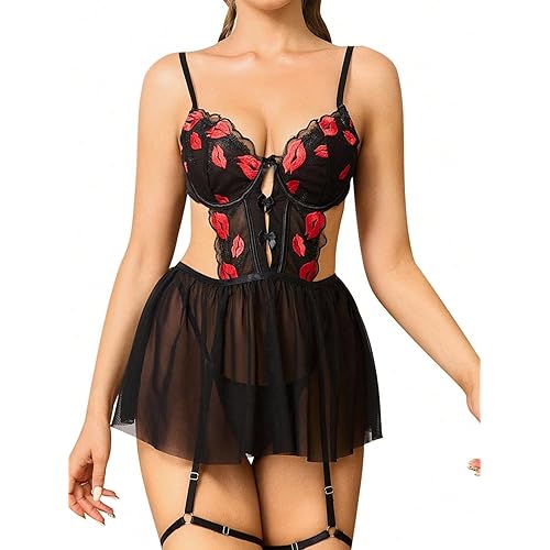 WDIRARA Women's Floral Embroidery Mesh Split Cut Out Babydoll Lingerie Slip Dress
