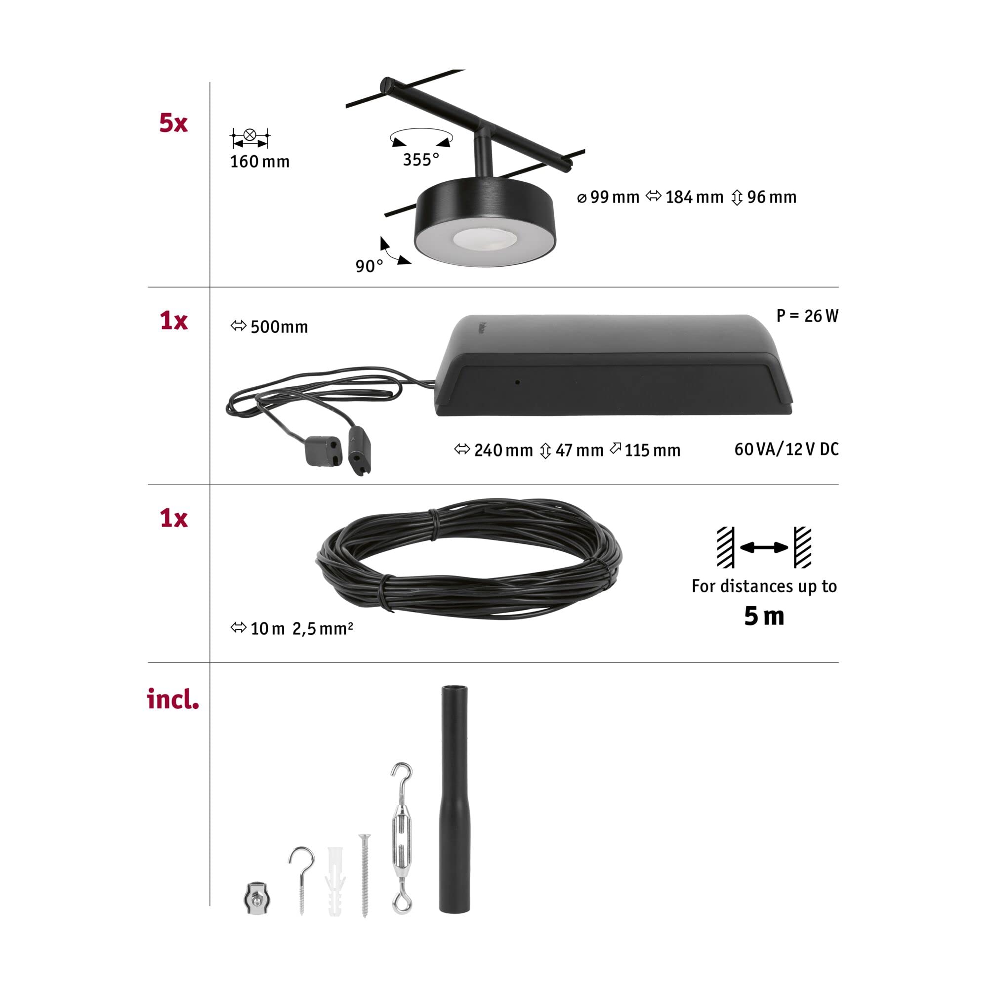 Paulmann 94479 Système de câbles LED Circle Kit de base 5 x 400 lm, 5 x 5 W blanc chaud inclus, noir mat, chrome, matière plastique, métal Système d'éclairage 3000 K
