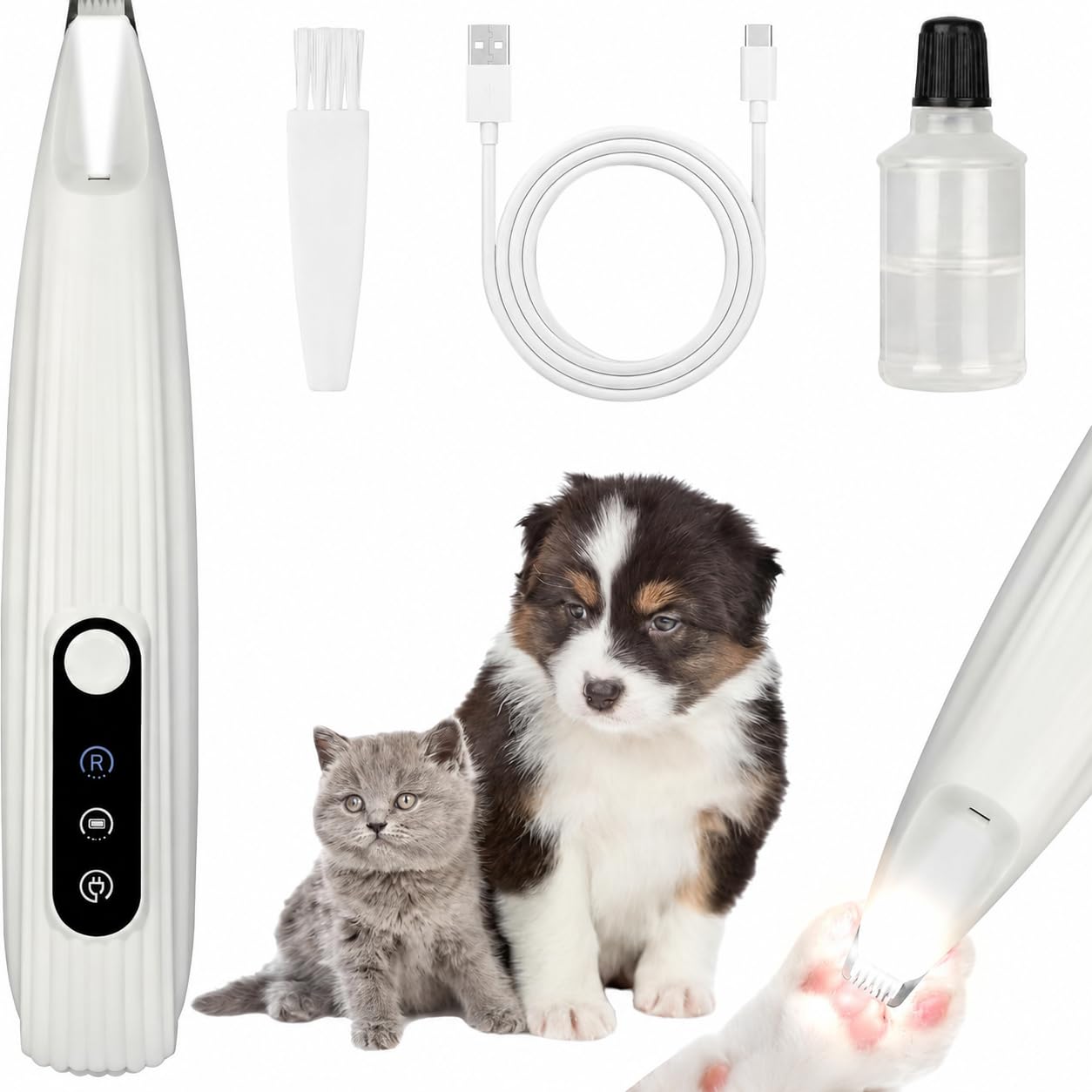 Dog Paw Trimmer, Dog Clippers for Grooming, Low Noise Pet Paw Hair Clipper with LED Light, Waterproof USB Rechargeable Pet Shaver for Cats and Animals, Electric Shaver Set