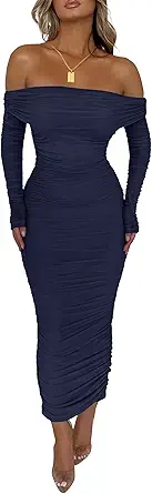 PRETTYGARDEN Women's Fall Off The Shoulder Maxi Dress Spring Long Sleeve Ruched Fitted Bodycon Club Dresses with Slit