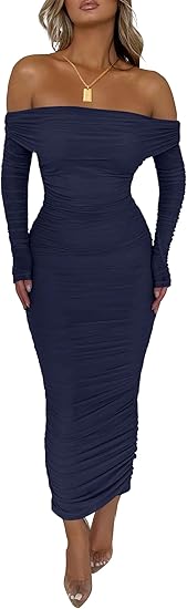 PRETTYGARDEN Women's Fall Off The Shoulder Maxi Dress Spring Long Sleeve Ruched Fitted Bodycon Club Dresses with Slit