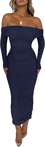 PRETTYGARDEN Women's Fall Off The Shoulder Maxi Dress Spring Long Sleeve Ruched Fitted Bodycon Club Dresses with Slit