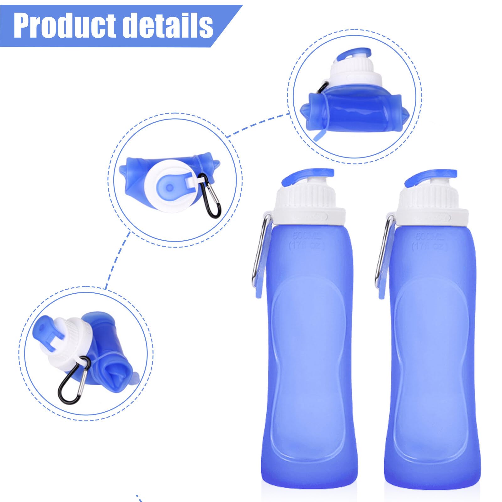 Lekvrije, ultralichte drinkfles van 500 ml, inklapbare waterflessen, BPA- vrij, fles voor sport, fietsen, fitness, outdooractiviteiten, sportfles - Wit