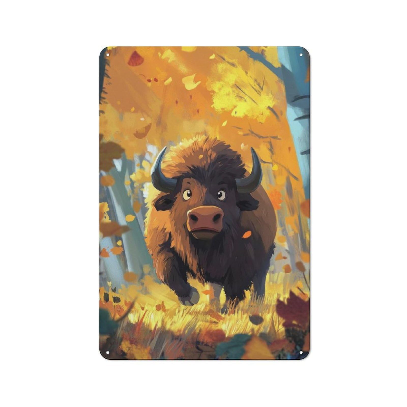 Junmoney Forest Bison Illustration Tin Wall Plaque With Design 30X20cm, Country Vintage Cottage Wall Art For Kitchen, Cottage, Porch Or Garden Room