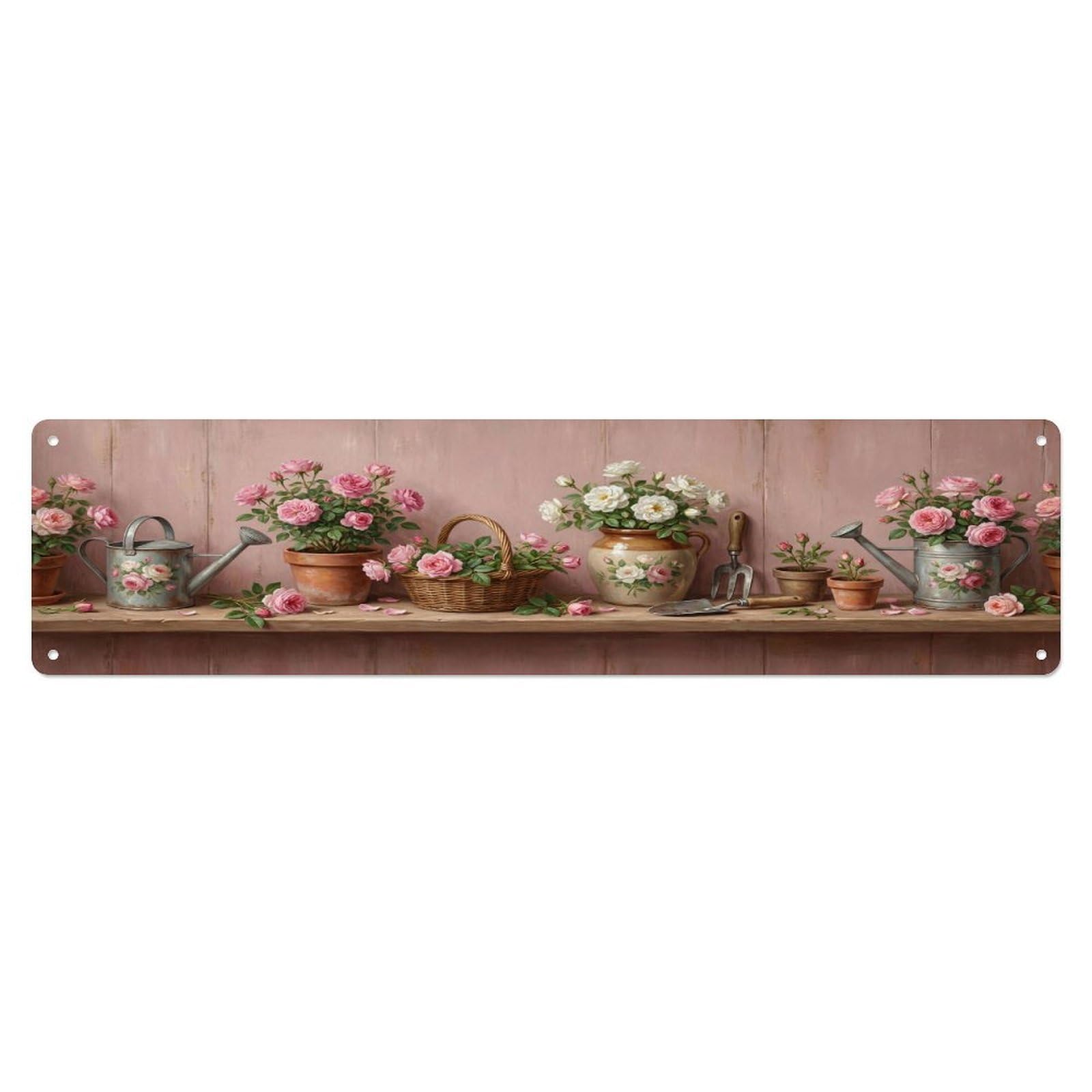 Floral Garden Tools Watering Roses Pattern Print Metal Tin Sign