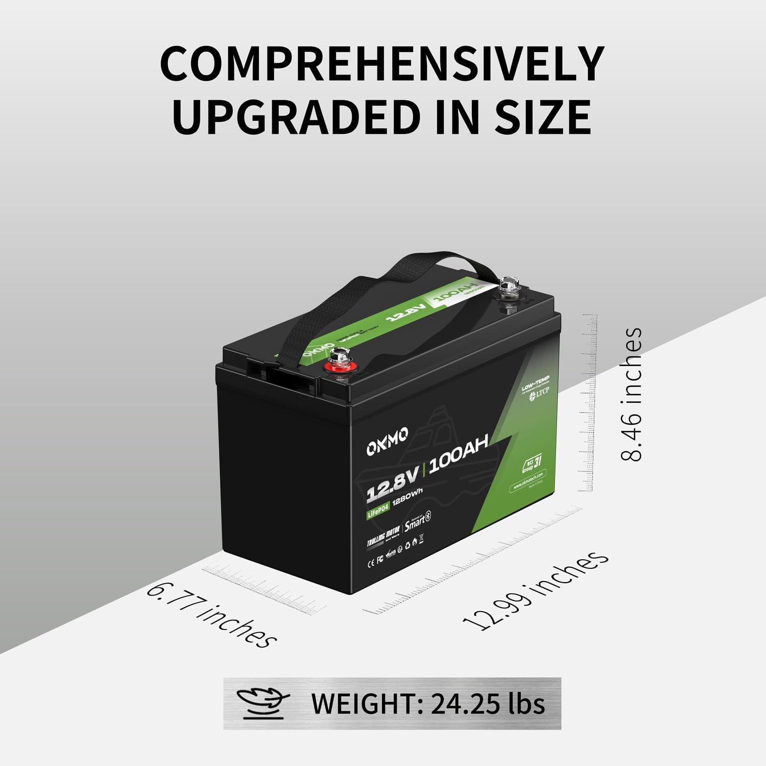 OKMO 12V 100Ah TM LiFePO4 Battery, 150A BMS with Bluetooth 1280Wh, 10 Years Lifetime 15000+ Deep Cycles,for Marine, RV, Trolling Motor, Boat, Camper, Low Temperature Protection