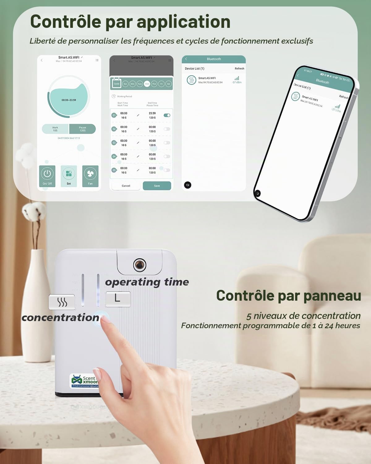 Mxmoonant Electrique Diffuseur d'Huiles Essentielles sans Eau, Mural, Couvrant 300-500m³, 300ml Bouteille d'huile, Contrôle d'Application&Timer, pour Bureau, Magasin, Hotel, Gymnase, Restaurant | Contrôle App/WIFI, compatible HVAC, mural, 300-500m³, pour