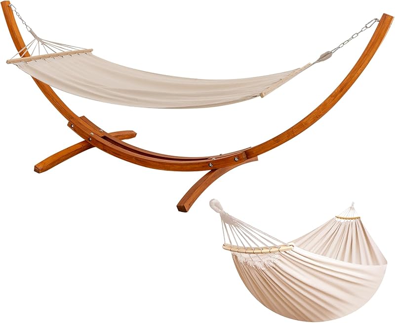 BELONID Hamac avec Support en Bois, 2 Hamacs Inclus, Supporte 200 kg, 320×120×120 cm, Ajustable en H
