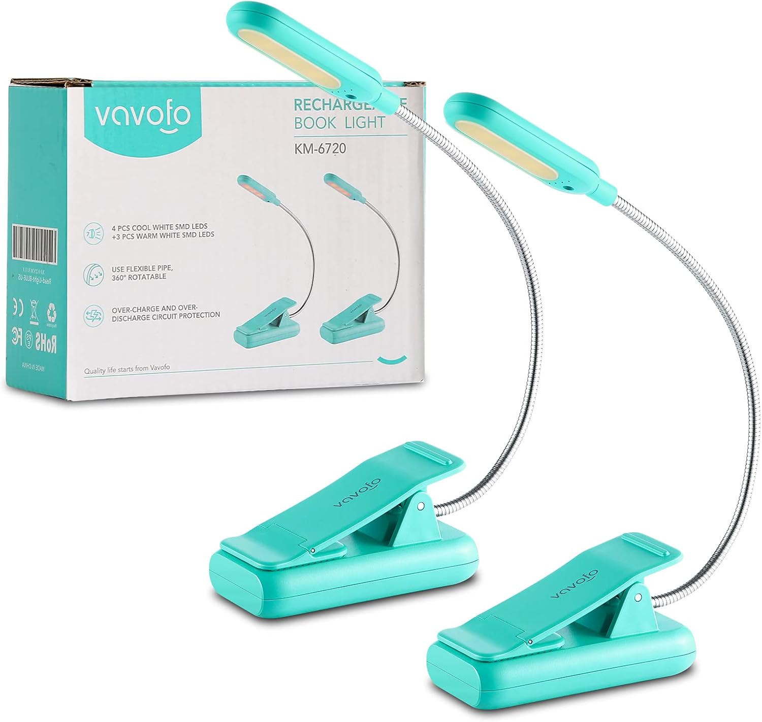 VAVOFO Clip On Rechargeable Reading Light, 7 LEDs with 3 Colortemperature 9 Brightness Levels Book Lights for Reading in Bed with Power Indicator for Bookworms (Blue 2-Pack) - - 