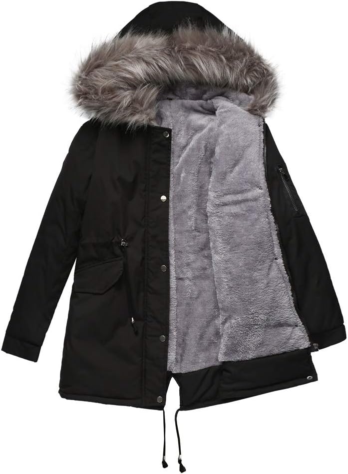 Women's Winter Coat Thicken Fleece Lined Parka Anoraks Cozy Warm Snow Coat Mid Length Hooded Jacket with Fur Hood
