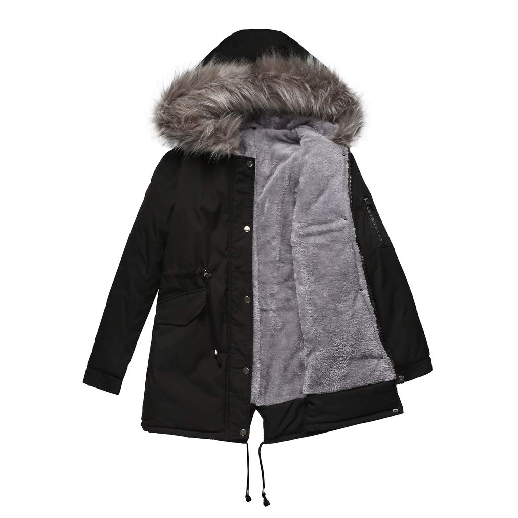 Płaszcze Parka Damskie Zimowe Termiczne Płaszcz Bawełniany Polar Długa Kurtka Z Kapturem Synthetic Futro Ciepła Kurtka Wiatroodporna Na Co Dzień Parka, Czarny (Black), XL