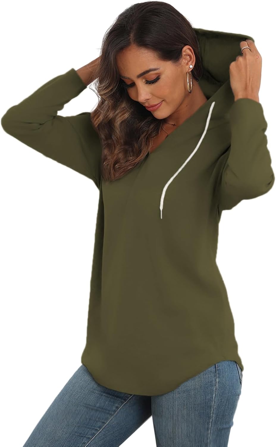 Poetsky Hoodies for Women V Neck Long Sleeve Lightweight Sweatshirts Drawstring Pullover Tops - Image 4