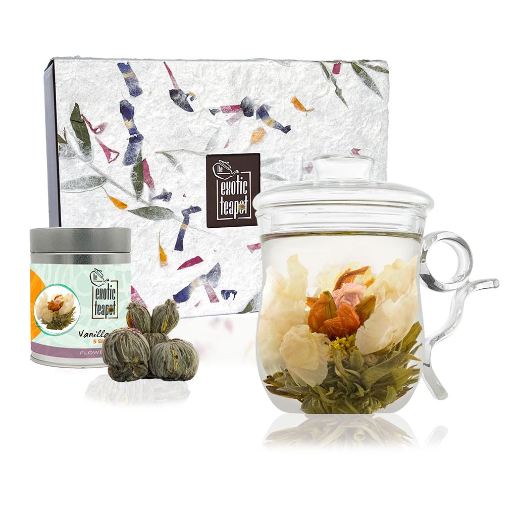 The Exotic Teapot - Glass Mug Flowering Tea Gift Set, Tea Infuser Mug (350ml), Tin of Vanilla Dreams Blooming Teas, Handmade Gift Box