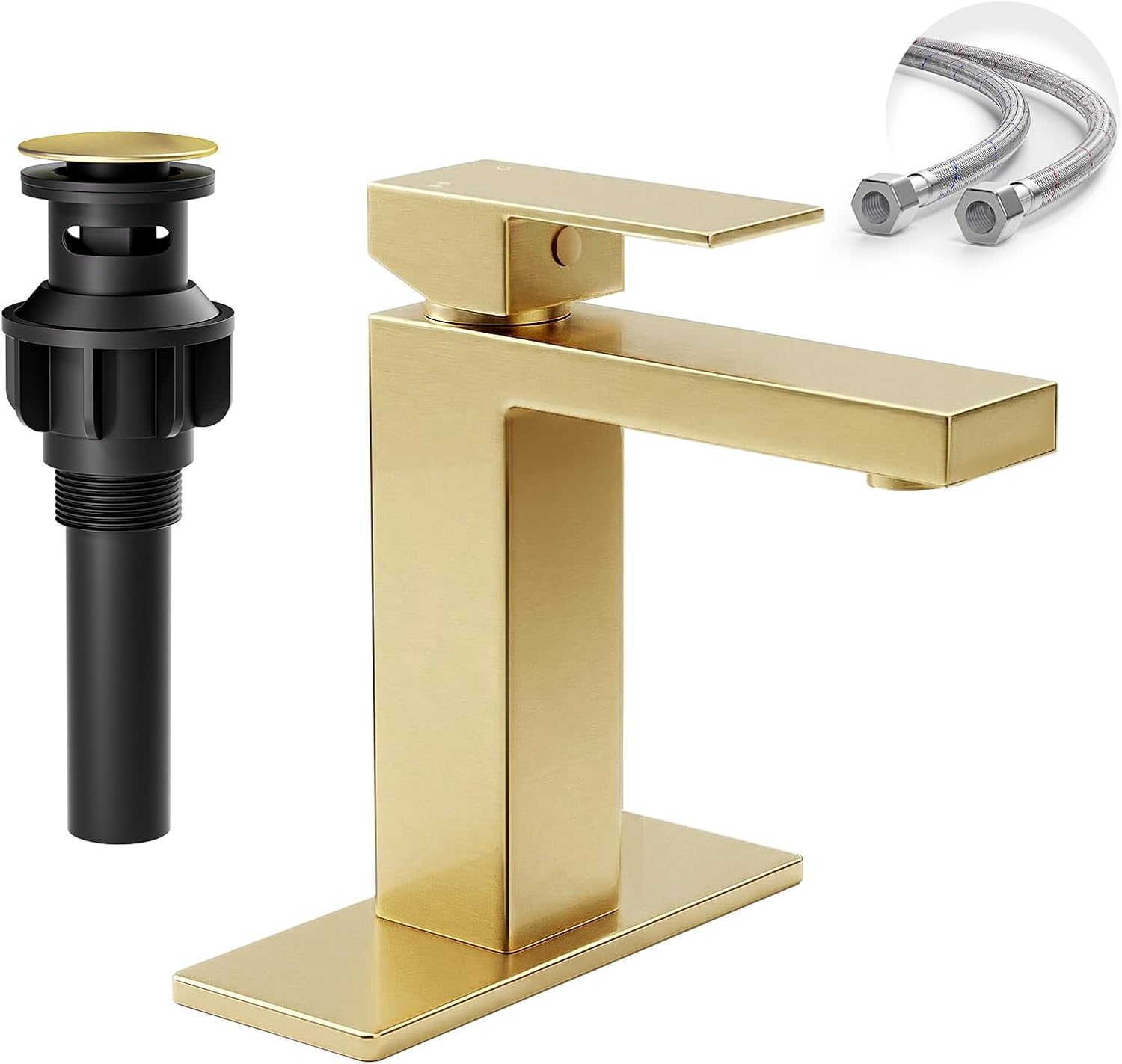 Brushed Gold Bathroom Faucet Single Hole, 304 Stainless Steel Lead-Free Faucet with Anti-Fingerprint Surface, Single Handle Vanity Faucet with Deck Plate and Pop-Up Drain