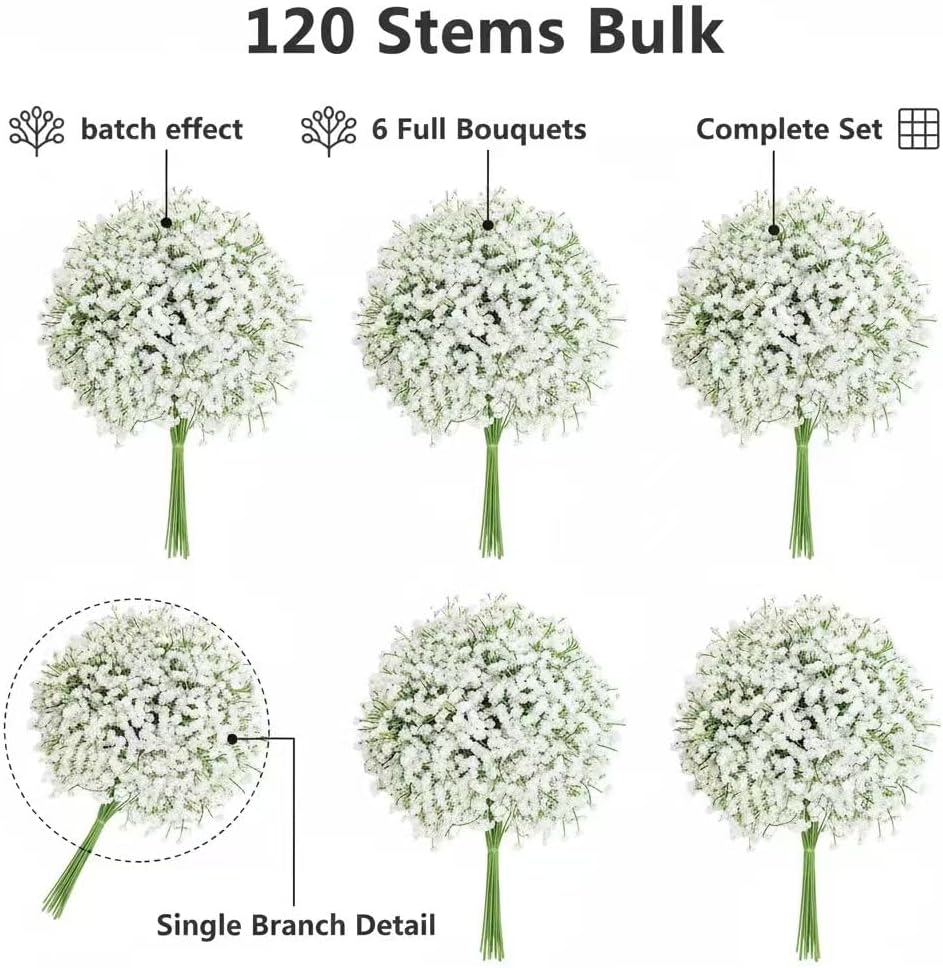120 Pcs Babys Breath Artificial Flowers, White Babys Breath Flowers Artificial Bulk Real Touch Flowers for Wedding Party Home Garden Decoration - Image 3