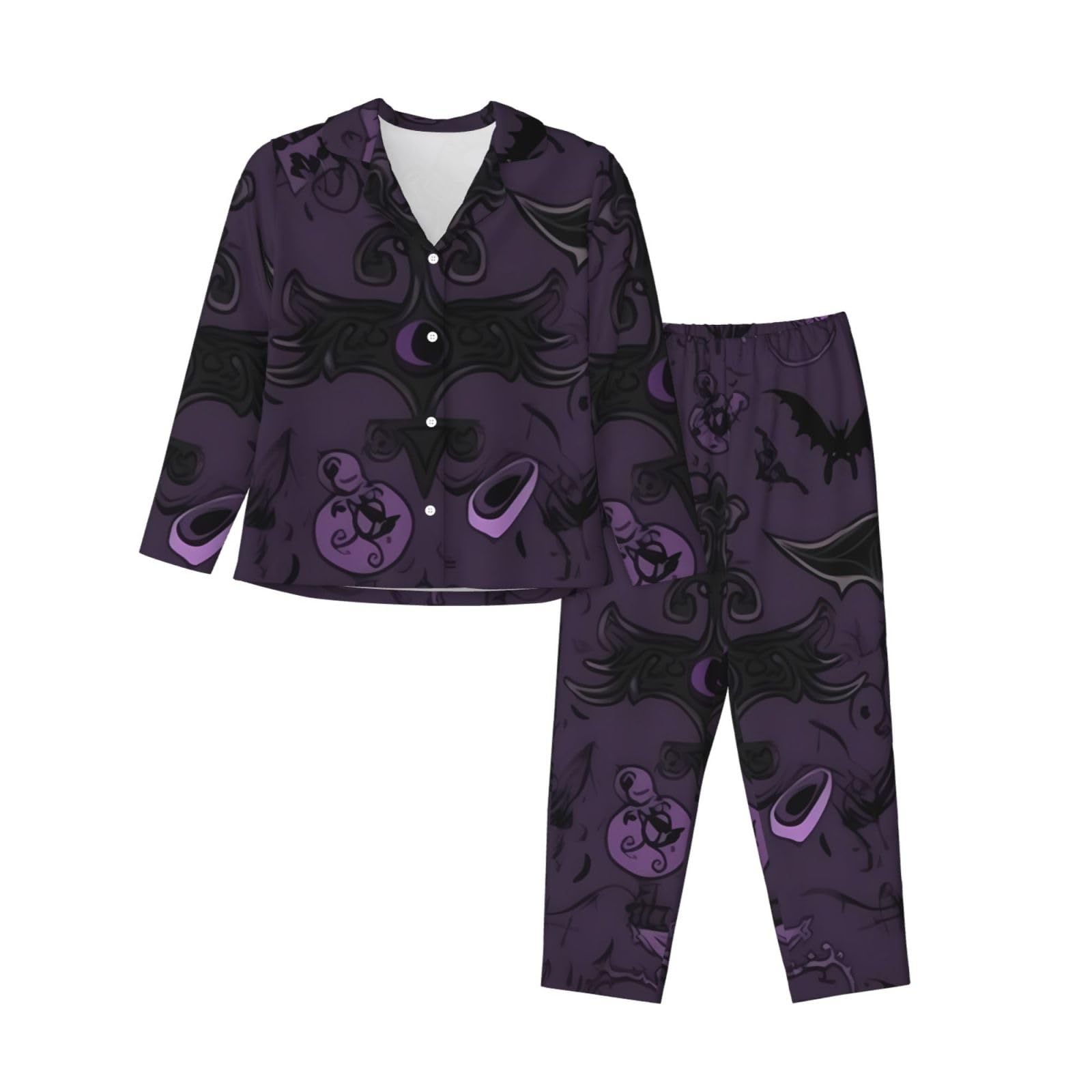 RLDOBOFE Women's Pajama Sets Long Sleeve Sleepwear Purple Black Goth Spooky Button Down Nightshirts Soft Pjs Loungewear Sets, Black, XL