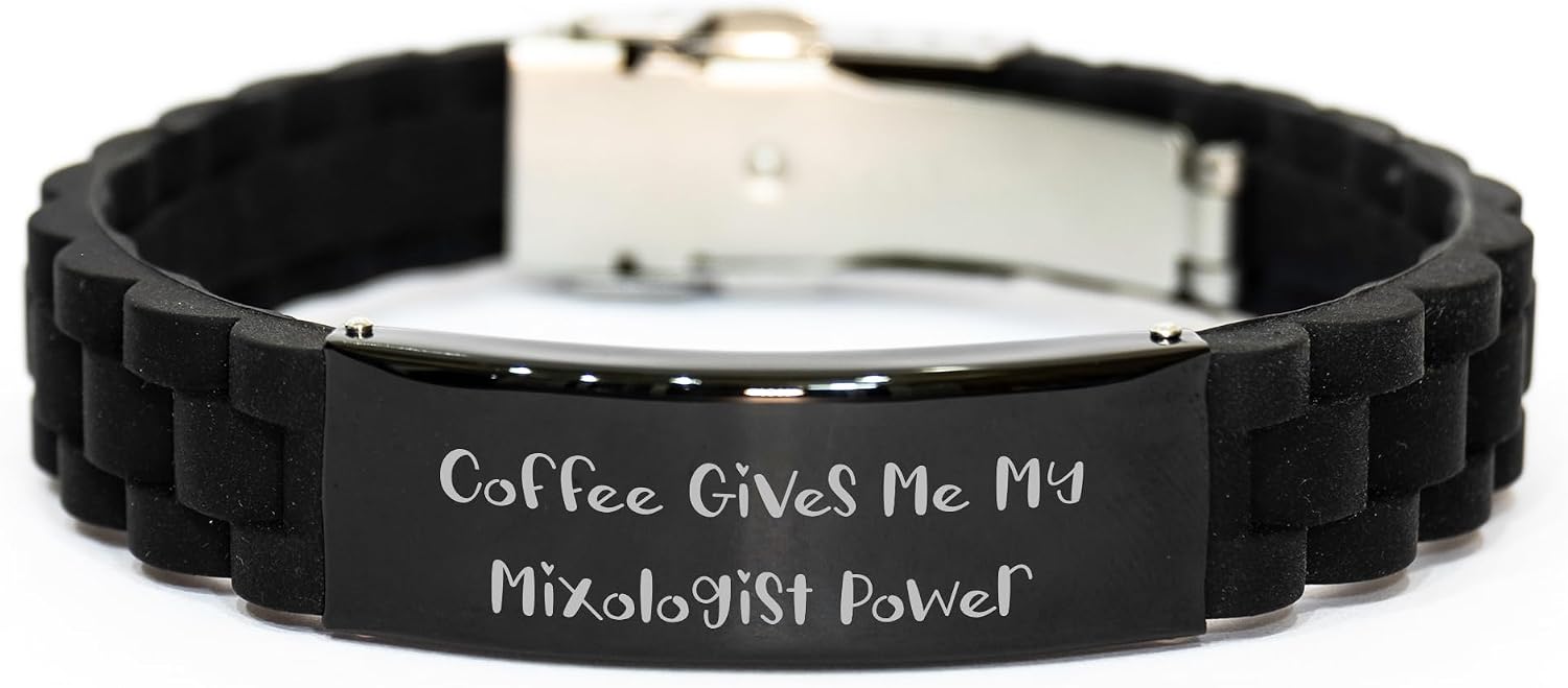 Mixologist Power Gifts from Friends for Birthday - Coffee Fuelled Creativity Glide lock Clasp Bracelet, Funny Quote 'Coffee Gives Me My Mixologist Power', Adjustable and Premium