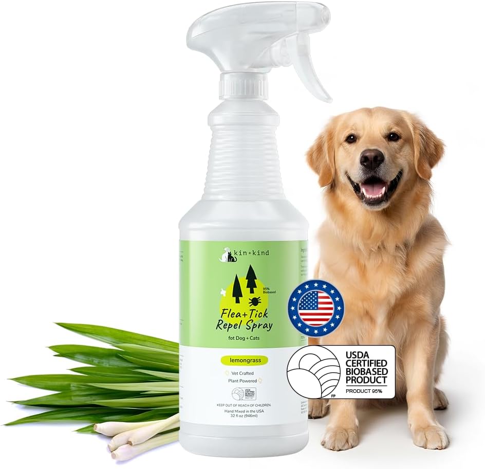 kin+kind Plant Based Flea and Tick Spray for Dogs and Cats – Essential Oil Formula with Lemongrass – Flea and Tick Prevention for Cats, Kittens, Puppies & Dogs - Pet Supplies - Family Safe – 32 fl oz