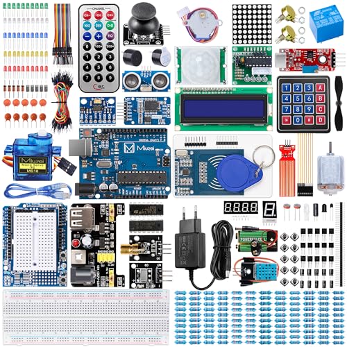 Miuzei Starter Kit für Arduino Elektronik Set Vollversion Kit Elektro Bausatz mit Breadboard Sensor Widerstände Netzteil LEDs usw.248 zubehör 42 programmieren Kurse Technik kit für Erwachsene Kinder