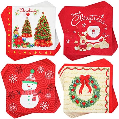 Outus 80 Pieces Christmas Napkins Disposable Cocktail Napkins Paper Decorative Napkins for Holiday Lunch Tea Christmas Party Supplies