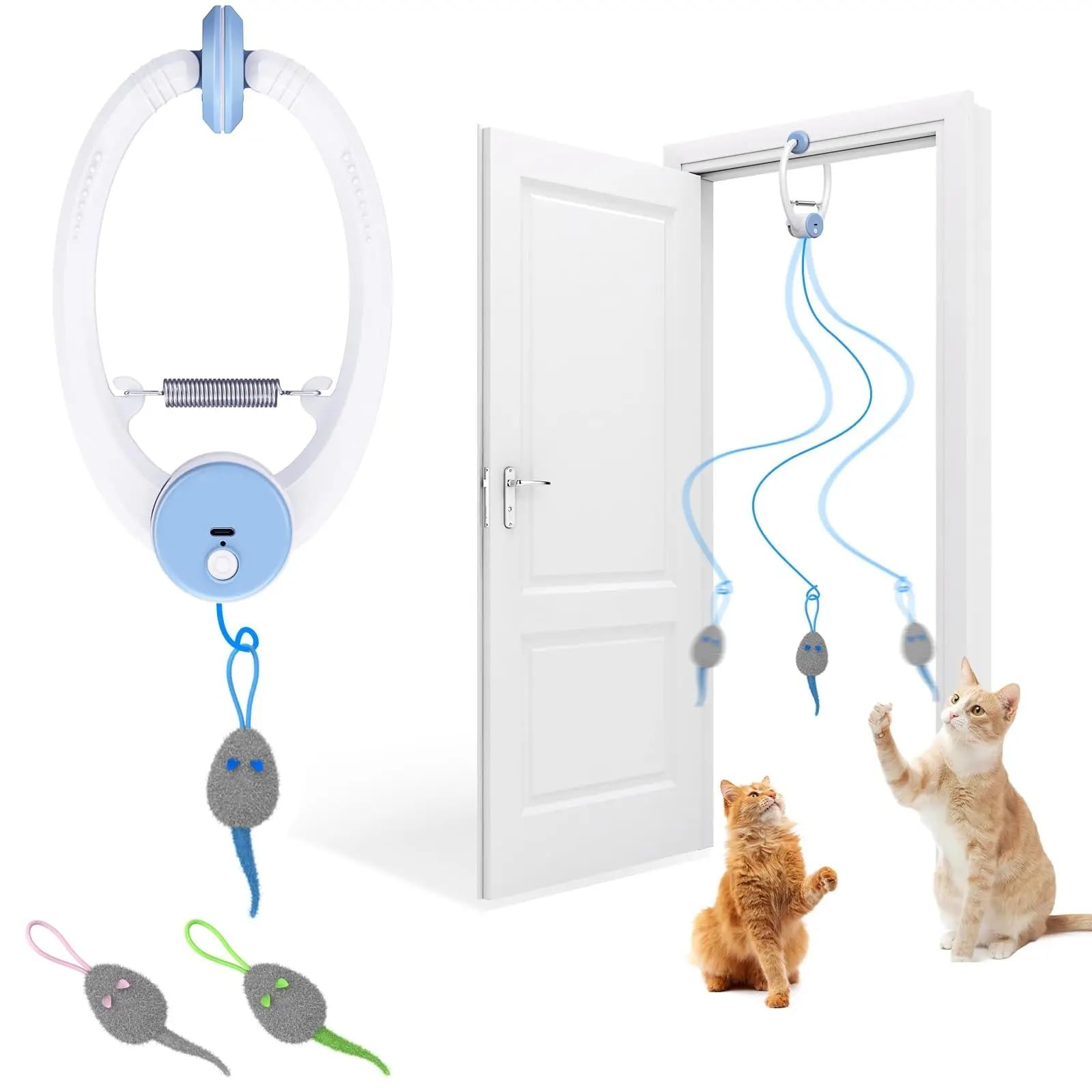 Juguete para gatos de rebote automático para colgar en la puerta, juguete retráctil con 3 ratones de hierba gatera, juguete interactivo para gatos de interior