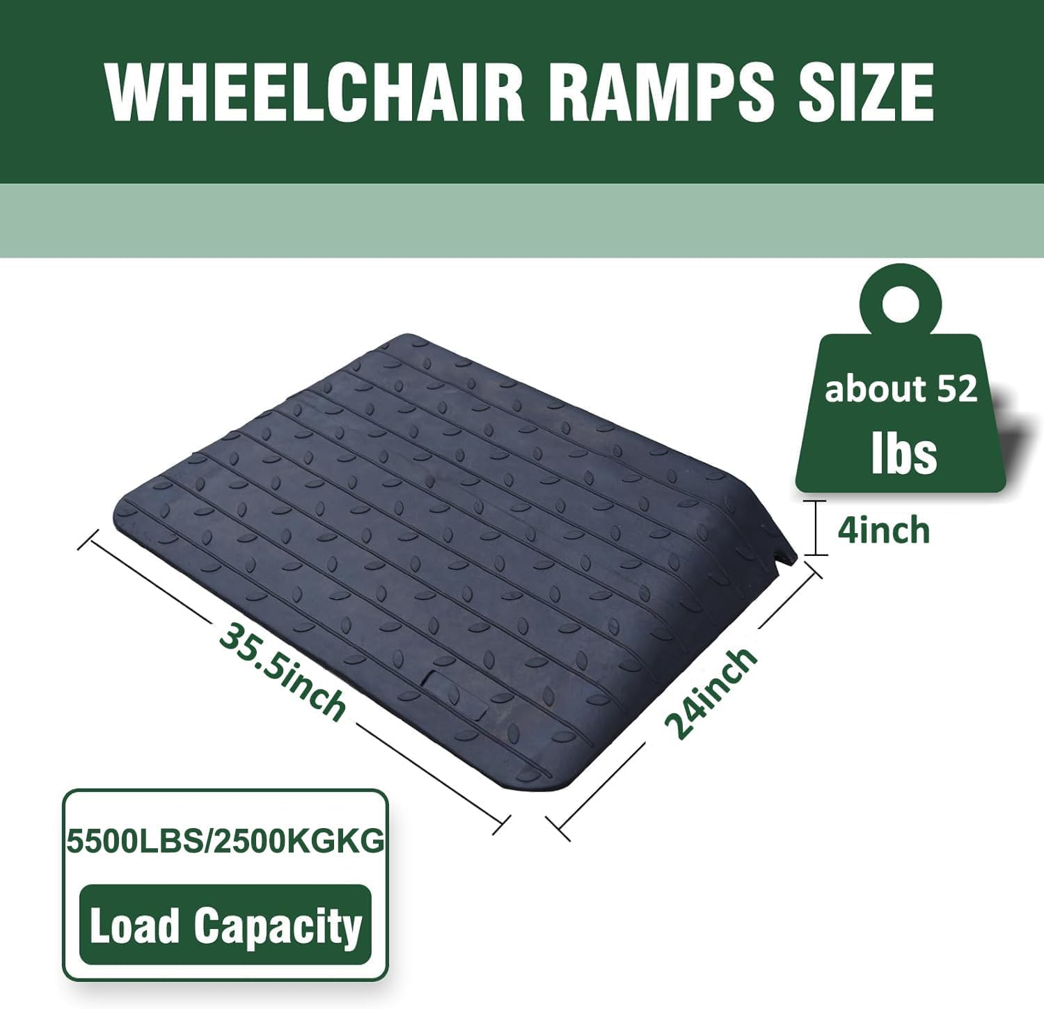 4" Rubber Threshold Ramp Wheelchair Ramp 5500 lbs Load Capacity Curb Ramps Anti-Slip Surface for Doorway Driveway Indoor Outdoor Use with 1 Channel Weighs 52lbs