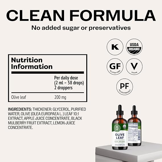Vimergy Olive Leaf Supports Immune Health* 57 2mL (2 Droppers or 58 Drops) Servings (200mg Extract Per Serving) USDA Certified Organic, Vegan, Paleo-Friendly and Gluten-Free 115 mL