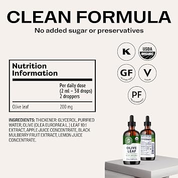 Vimergy Olive Leaf Supports Immune Health* 57 2mL (2 Droppers or 58 Drops) Servings (200mg Extract Per Serving) USDA Certified Organic, Vegan, Paleo-Friendly and Gluten-Free 115 mL