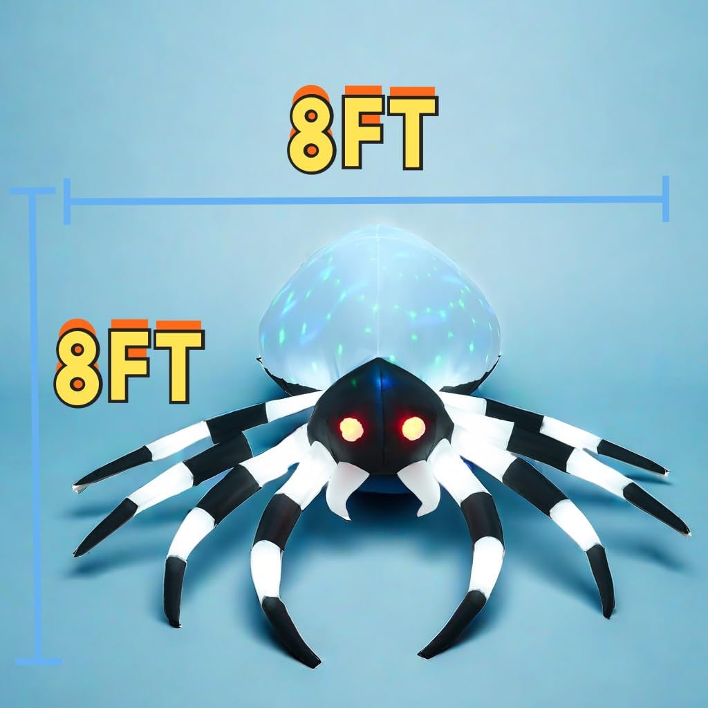 8FT Halloween Inflatables Giant Spider with 18 Built-in LED Lights and Magic Cube Light, Halloween Blowups for Yard, Garden and Lawn Outdoor Decoration (2 LEDs Each Leg)