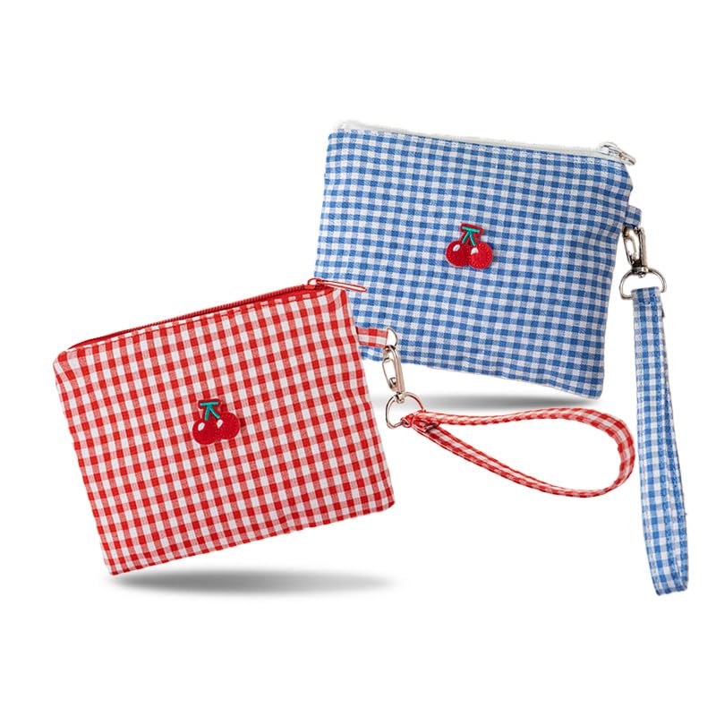 Uruoi Carry 化粧ポーチ 小さめ 可愛い ミニポーチ レディース 薄型 フラット 軽量 サニタリー ナプキン 生理用 旅行用 持ち運び 小物入れ 帆布 チェック チェリーデザイン (青（あお）)