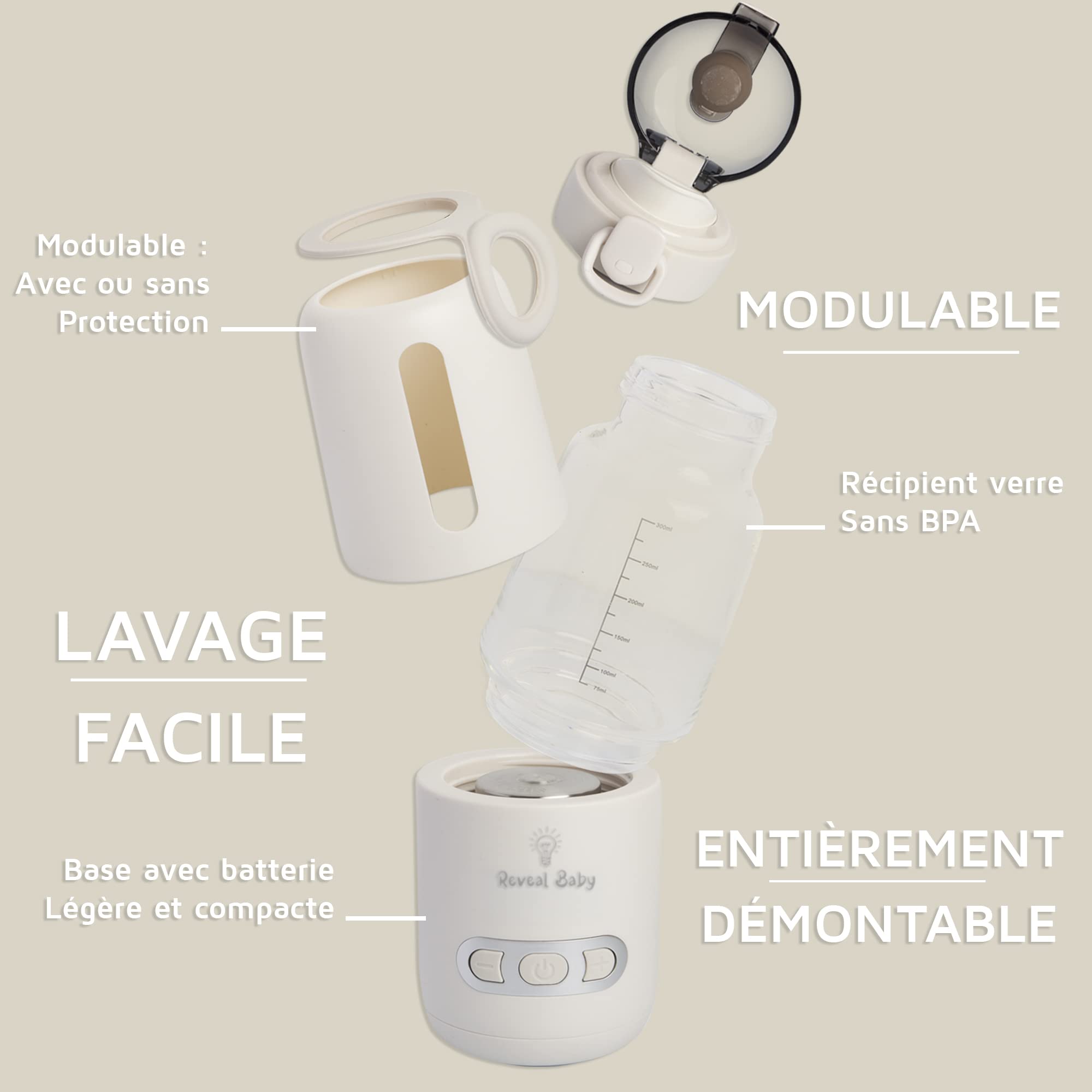 Chauffe Biberon Nomade Avec Chargeur Complet – Température Réglable 37-55°C – Rapide (2.55 Min) – Chauffe Biberon Portable Lait & Eau – Utilisation Voiture & Voyage – Sans BPA – Reveal Baby
