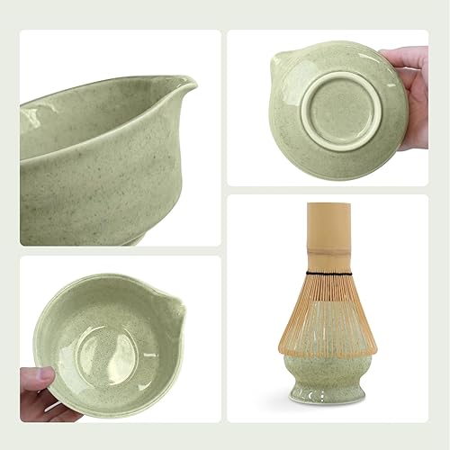 Miniatura 5 de Juego de batidor de matcha verde, kit de té japonés con batidor y cuchara de bambú, Chawan de cerámica con boquilla para ceremonia de té