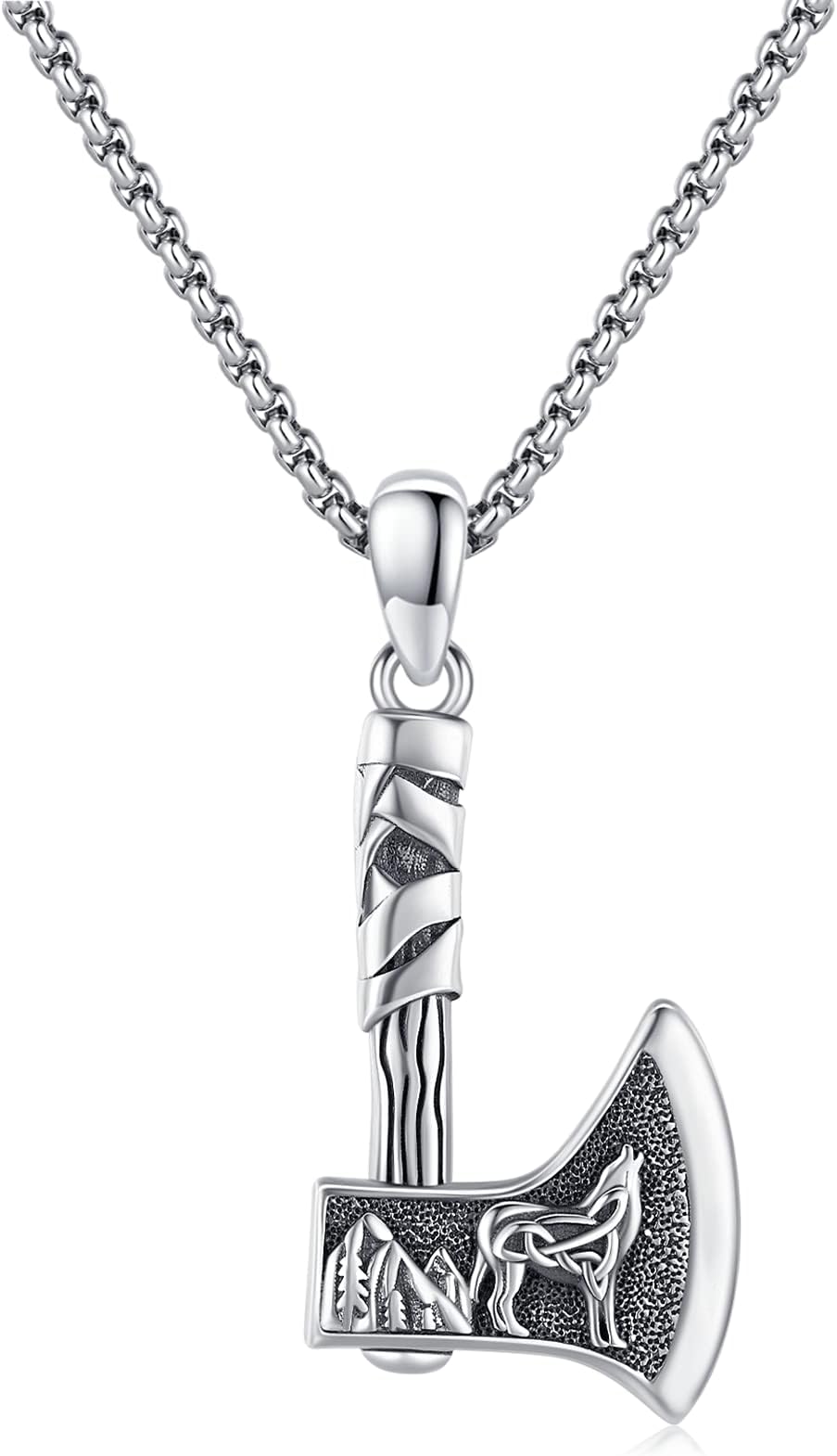 Viking Axe Pendant Necklace Celtic Wolf Sterling Silver Norse Tlisman Viking Jewellery Axe Warrior Hatchet Amult Necklace for Men Women, Sterling Silver
