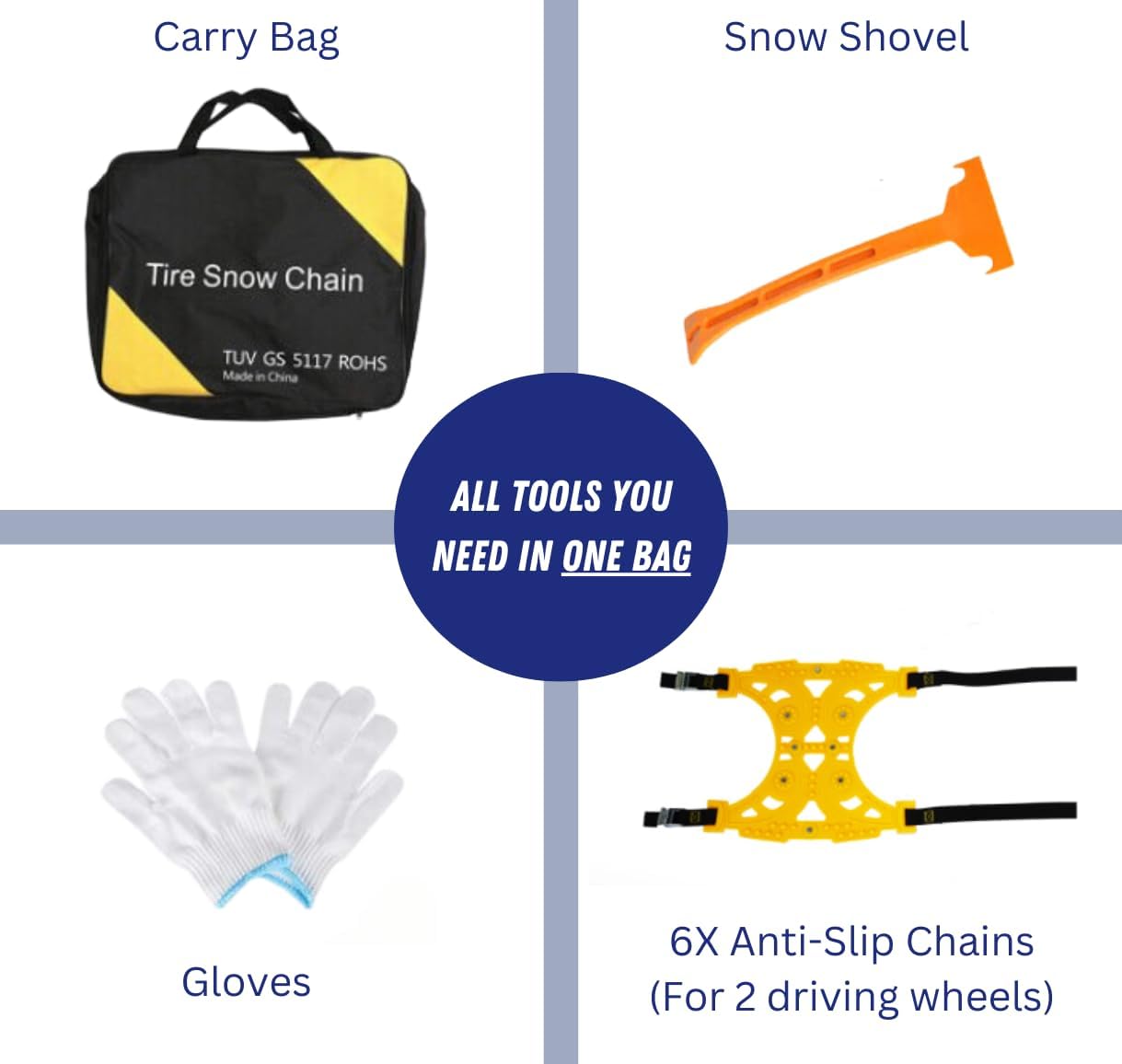 Jeremywell 6 PCS Tire Security Universal Snow Chains for Two Tires- Quality Strong Durable All Season Anti-Skid Car, SUV, and Pick Up Patterned Tire Chains for Emergencies and Road Trip