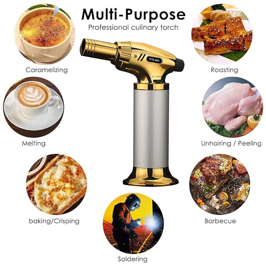 Image of YICAB Blow Torch Jet Flame I Professional Culinary Kitchen Cooking Lighter I Flame Lock & Adjustable Flame Size I Refillable Butane Gas Lighter for Food Meat BBQs Coal Brulee Baking (Golden)